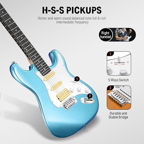 Donner DST-100T 39 Inch Electric Guitar Beginner Kit Solid Body Full Size Lake Blue HSS Pick Up for Starter, with Amplifier, Bag, Digital Tuner, Capo, Strap, String,Cable, Picks thumbnail 4