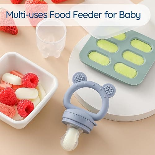 2 Pack Silicone Baby Fruit Feeder with Mini Freezer Tray, Breastmilk Popsicle Molds for Baby Teething Relief, Fresh Food Feeder for Safe Infant Self Feeding, Extra Food Pouches thumbnail 5