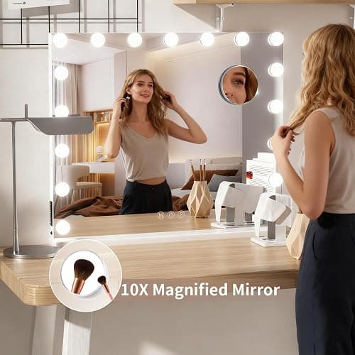 Hibtn Hollywood Vanity Mirror With Lights,50×60cm Lighted Makeup Mirror with 17 Dimmable Led Bulbs,Touchscreen Control,Tabletop,Wall Mounted,10X Magnifying White thumbnail 8