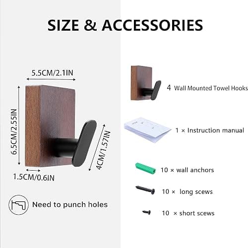 DELITON Adhesive Towel Hooks,Wall Hooks for bathrooms Without Drilling, Wood Wall Hooks for Hanging Robe, Towel, Bag Stick on Farmhouse Bathroom Bedroom Entryway 4 Packs Burned Brown thumbnail 2