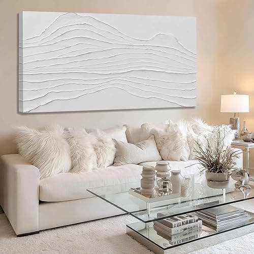 GAIDUOMAI White Canvas Wall Art Abstract Textured Painting Line Pictures Wall Decor Hand Painted Modern Wall Art for Living Room Dining Room Kitechen 24x48 Inch - Image 1