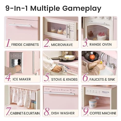 Tiny Land Play Kitchen for Kids, Upgraded Wooden Kitchen Toy with Complete Play Areas, Pretend Cooking Set with Sink, Stove, Microwave, Toy Coffee Station & Storage for Kids Ages 3+ thumbnail 3