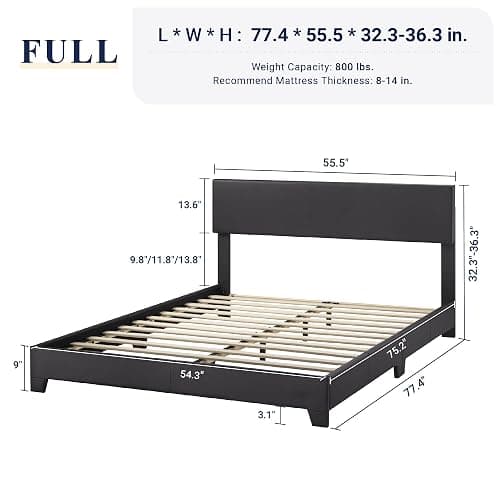 Allewie Full Size Bed Frame with Adjustable Headboard, Faux Leather Platform Bed with Wood Slats, Heavy Duty Mattress Foundation, No Box Spring Needed, Noise-Free, Easy Assembly, Black thumbnail 2