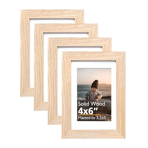 KINLINK 4x6 Frame Natural, Solid Wood 4 x 6 Picture Frame with Acrylic Plexiglass for 3.5x5 with Mat, Tabletop and Wall Display Photo Frames 4x6 Natural, 4 Pack - Image 1