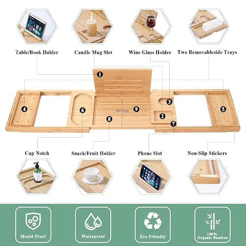 AUTODECO Bathtub Caddy Tray, Bamboo Bathtub Tray, Expandable Bath Tray with Bamboo Book Stand, Soap Tray, Perfect for Home Spa, Natural Colour - Natural thumbnail 5