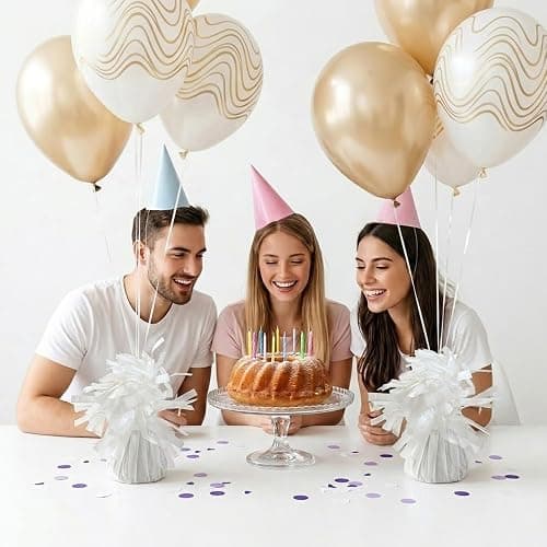 White Balloon Weights Pack of 12 with 5 Rolls White Crimped Ribbon, Well Made Durable Balloon Anchors for Parties, Birthdays, Weddings, and Professional Event Decorations thumbnail 2