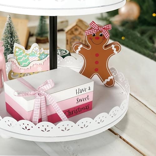 Pink Christmas Decorations 4 PCS Gingerbread Table Centerpieces, Cute Girlie Tabletop Christmas Decor for Tiered Tray Shelf Fireplace Mantel Office Desk Holiday Wood Faux Book Gingerbread Girl Sign thumbnail 6