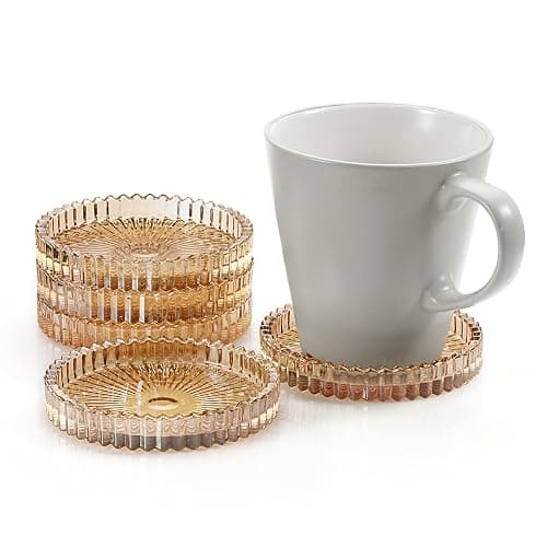 OGANAZI Modern Clear Coaster Set of 5- Glass Coasters for Drinks Crystal Coasters Round Cup Coasters Coffee Table Decor for Office, Kitchen, Bar, Dining Room, Living Room, Patio(Amber) thumbnail 7