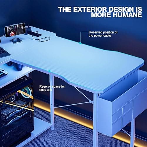 Acrolix L Shaped Gaming Desk 48 Inch - Computer Corner Desk with Power Outlets, Reversible Shelves & Storage Bag for Home Office, PC Gaming Table, White Carbon thumbnail 5