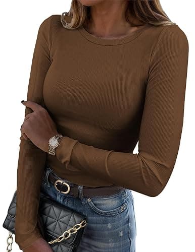 Zeagoo Womens Long Sleeve Stretch Crewneck Ribbed T-Shirt Slim Fit Casual Basic Tops S-XXL - Image 1