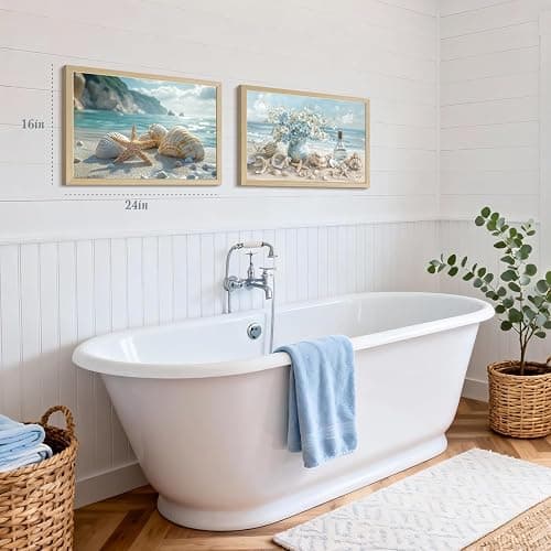 Clicyre Coastal Wall Art for Bathroom, Blue Ocean Beach Canvas Prints, Seaside Starfish & Seashell Decor, Nautical Sand Seascape Pictures for Bedroom Living Room Home Decoration Wood Framed 12x16 Inch thumbnail 6