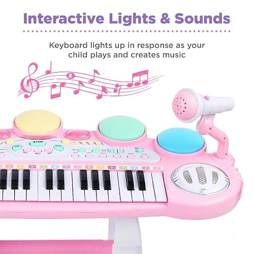 Best Choice Products 37-Key Kids Electronic Musical Instrument Piano Learning Toy Keyboard w/ Multiple Sounds, Lights, Microphone, Stool - Light Pink thumbnail 3