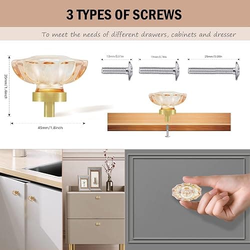 SHINY HANDLES 4 Pack Glass Cabinet Knobs and Pulls,Oval Champagne Crystal Knobs for Dresser Drawer with Satin Brass/Brushed Gold Base - 4 Pack (45mm) - Champagne Crystal and Satin Brass Base thumbnail 3