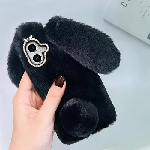 Bonitec Compatible with iPhone 16 Faux Rabbit Case, Bling Fur Case For Girls Luxury Cute Warm Handmade Faux Rabbit Bunny Furry Fuzzy Fluffy Soft 3D Ear Hair Plush Protective Case Cover for Women thumbnail 2