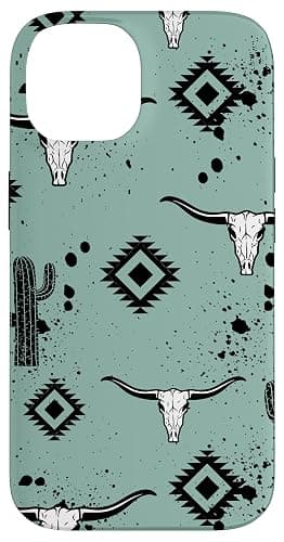 Western Country Aztec Bull Skull Cactus Cacti Pattern Case for iPhone 14 - Image 1