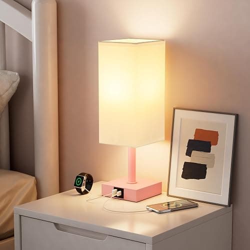Ambimall Touch Control Table Lamp with USB A+C Charging Ports - 3 Way Touch Lamps Bedside, Nightstand Lamp for Bedrooms, LED Bulb Included(White Shade & Pink Base) thumbnail 5
