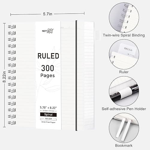 RETTACY Spiral College Ruled Notebook, 300 Pages, A5 Medium Size (5.7" x 8.2"), for School, Work, Writing, Journaling, 100 GSM Thick Paper, Flexible Plastic Cover (Transparent) thumbnail 2