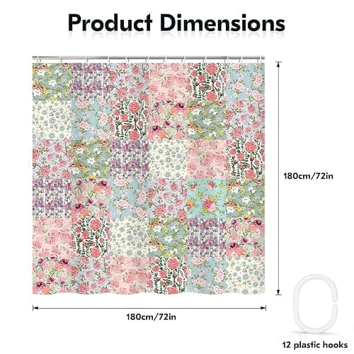 KLYOHAUS Vintage Floral Collage Shower Curtain,180x180cm • Semi-Transparent Water-Resistant Polyester • Includes 12 Hooks • Rustic Decor thumbnail 2