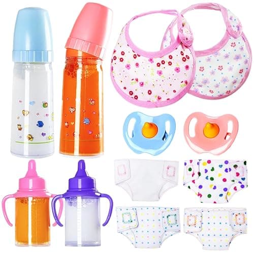 Kuihaazi 12PCS Baby Doll Accessories Set,Doll Pretend Play Feeding Toys,Baby Doll Feeding Include Disappearing Milk and Juice Bottles,Pacifier,Bibs,Diapers - Image 1