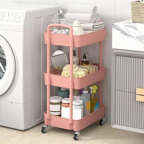 Sywhitta 3-Tier Plastic Rolling Utility Cart with Handle, Multi-Functional Storage Trolley for Office, Living Room, Kitchen, Movable Storage Organizer with Wheels, Pink thumbnail 6