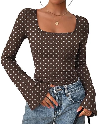 JUICICI Long Sleeve Shirts for Women 2026 Summer Crop Going Out Tops Casual Square Neck Bell Sleeve Ribbed Ruched Y2K Outfits thumbnail 4