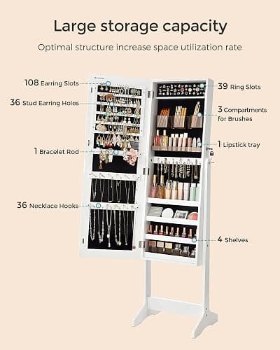 SONGMICS Jewelry Cabinet Armoire, Freestanding Lockable Storage Organizer Unit with 2 Plastic Cosmetic Storage, Full-Length Frameless Mirror, for Necklace Earring, White UJJC002W01 thumbnail 5