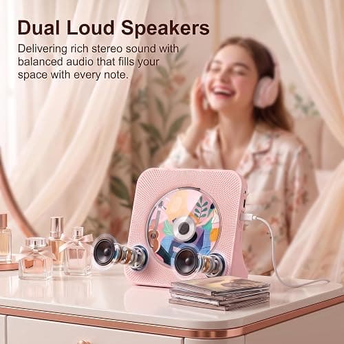 Portable CD Player with Bluetooth, Gueray Desktop CD Players for Home, Bulit-in Double HiFi Speakers, AUX&Headphone Jack, FM Radio Boombox with Remote Control, USB Port,LCD Display(Pink) thumbnail 3