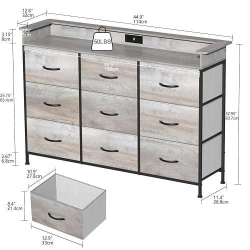 EXOTICA Dresser with Charge Station 9 Drawers Dresser for Bedroom with LED Lights Tall Wide Fabric Dressers & Chests of Drawers for Closet Hallway Entryway Sturdy Steel Frame Wood Top thumbnail 2