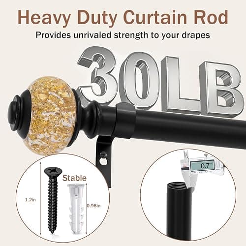 Curtain Rods for Windows,1 Inch Adjustable Window Curtain Rod, Curtain Rod Set with Luxury Crystal Translucent Finials for Bedroom, Living Room (Black Gold, 28-52 in) thumbnail 6