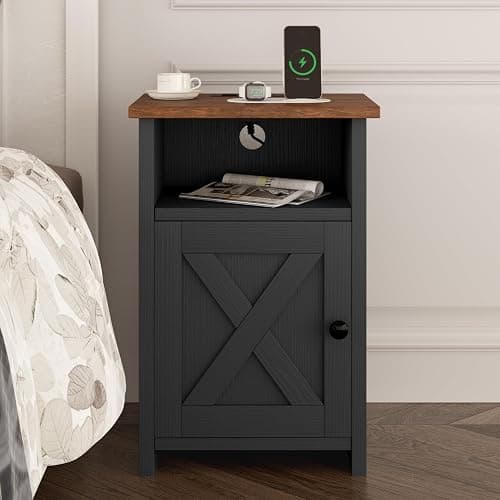 AURINEST Farmhouse End Table Set of 2 w/Charging Station, Nightstands w/Barn Door & Storage Shelf, Rustic Bedside Table for Living Room, Bedroom, Entryway, Office, Small Spaces, Black thumbnail 4
