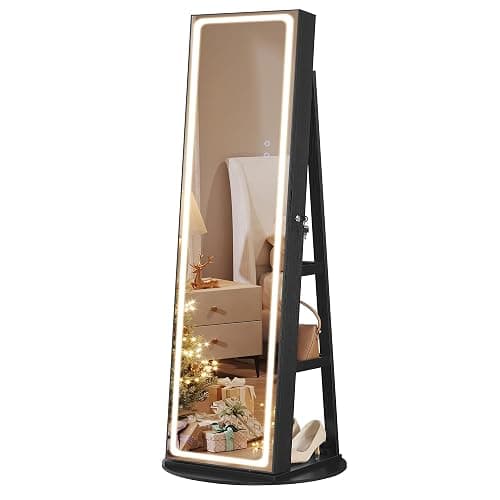 SONGMICS LED Jewelry Cabinet Standing, Lockable Armoire With Full-Length Mirror and Adjustable Lights, Space-Saving Organizer, Christmas Gifts for Women, Gift Idea, Ink Black UJJC008B01 - Image 1