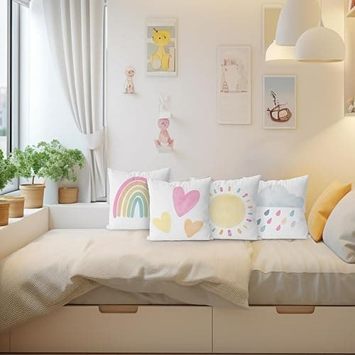 KEUSPI Rainbow Pillow Covers Decor for Toddler Girl Bedroom Little Girl Room Decor Playroom Pillows for Girls Kid Rainbow Room Decor for Nursery Classroom Decor Pastel Pillow Covers 18x18 Set of 4 - Watercolor Sun Rainbow thumbnail 2