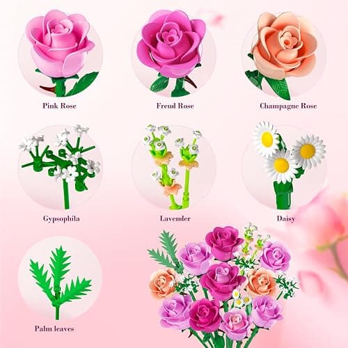 CUBIMANA Romantic Pink Roses Bouquet Building Set with Vase & LED Light, 845PCS Flowers Botanical 3.6MM Mini Building Blocks Toys, Gifts for for Her, Artificial Flowers for Office Home Decor & Display thumbnail 8