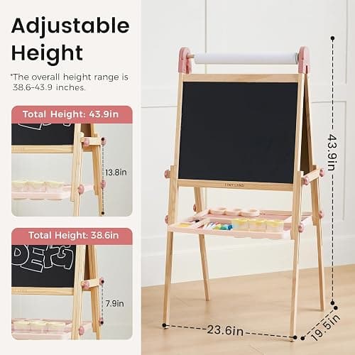 Tiny Land Easel for Kids, Double-Sided Magnetic Easel with Drawing Accessories, Adjustable Wooden Kids Art Easel with Paper Roll, Learning-Toy for 3,4,5,6,7,8 Years Old Boy & Girls Pink thumbnail 2