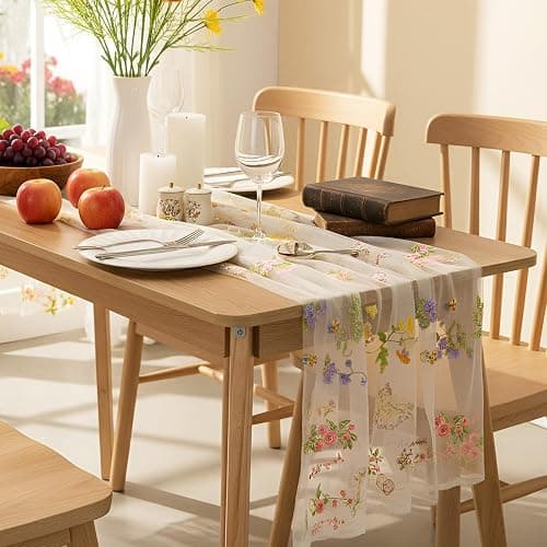 Windkream Ivory White Wildflower Table Runner 10ft Embroidery Tulle Floral Spring Table Runner, Seasonal Summer Butterfly Kitchen Dining Decoration for Wedding Baby Bridal Shower Birthday Party thumbnail 6