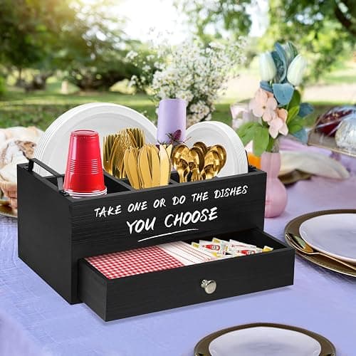 Paper Plate Dispenser with Drawer for Kitchen Countertop, Wooden Paper Plate Holder with Large Cup Holder, Rustic Wood Silverware Caddy Holder, Paper Plate Organizer Kitchen Accessories(Black-Drawer) thumbnail 5