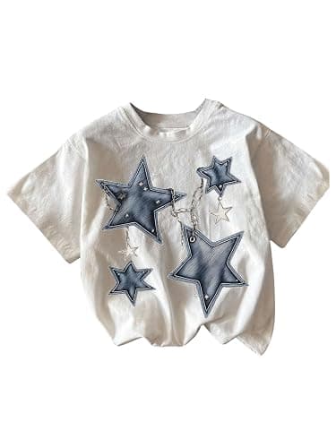 RoseSeek Girl's Geometric Star Graphic Tee Tops Casual Summer Short Sleeve Crew Neck T Shirt - Image 1