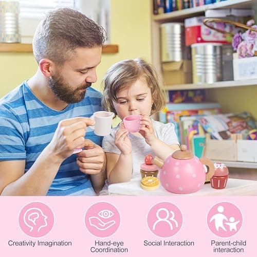 Wooden Tea Party Set for Little Girls, Toddler Girl Gifts Princess Tea Time Toys, Wooden Tea Set Tray Cake Dessert, Kids Kitchen Pretend Play, Birthday for Girls Age 2-5 Years Old thumbnail 6