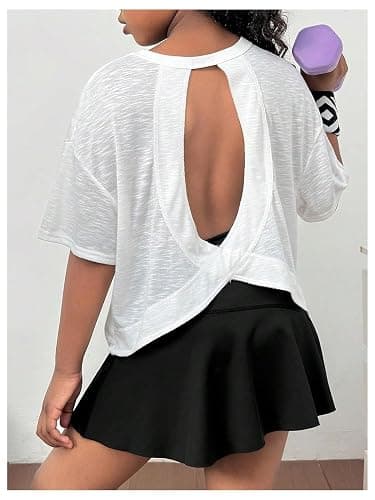 QJQ Girl's Open Back Workout Tees Cut Out Short Sleeve Crew Neck Loose Fit Running T Shirts thumbnail 3