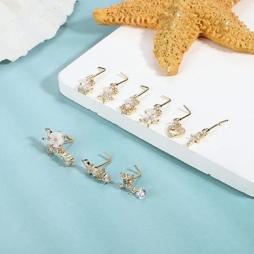 ORAZIO 9 PCS Dangle Nose Rings - L Shaped for Women, 20G Stainless Steel Nose Rings Studs with CZ Cross, Crown, Flower, Heart Dangling Piercing Jewelry - L-Gold Tone thumbnail 7