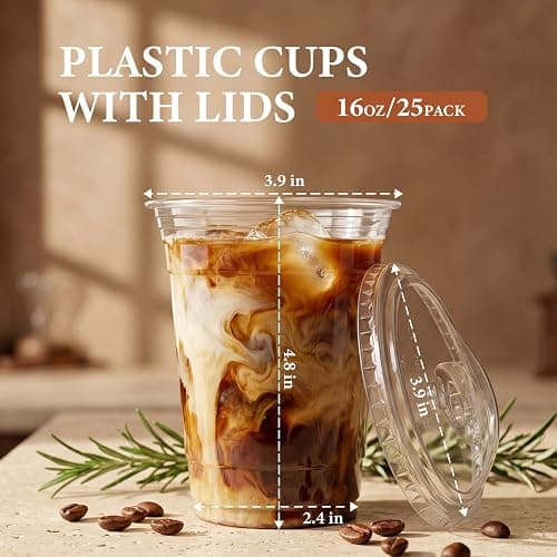 BISWYLBLJ 25 Pack 16oz Clear Plastic Cups with Sip Lids | Disposable Iced Coffee Cups,BPA Free,Food Safe Sturdy Cups for Iced Coffee,Smoothies Party Cold Drinks thumbnail 3