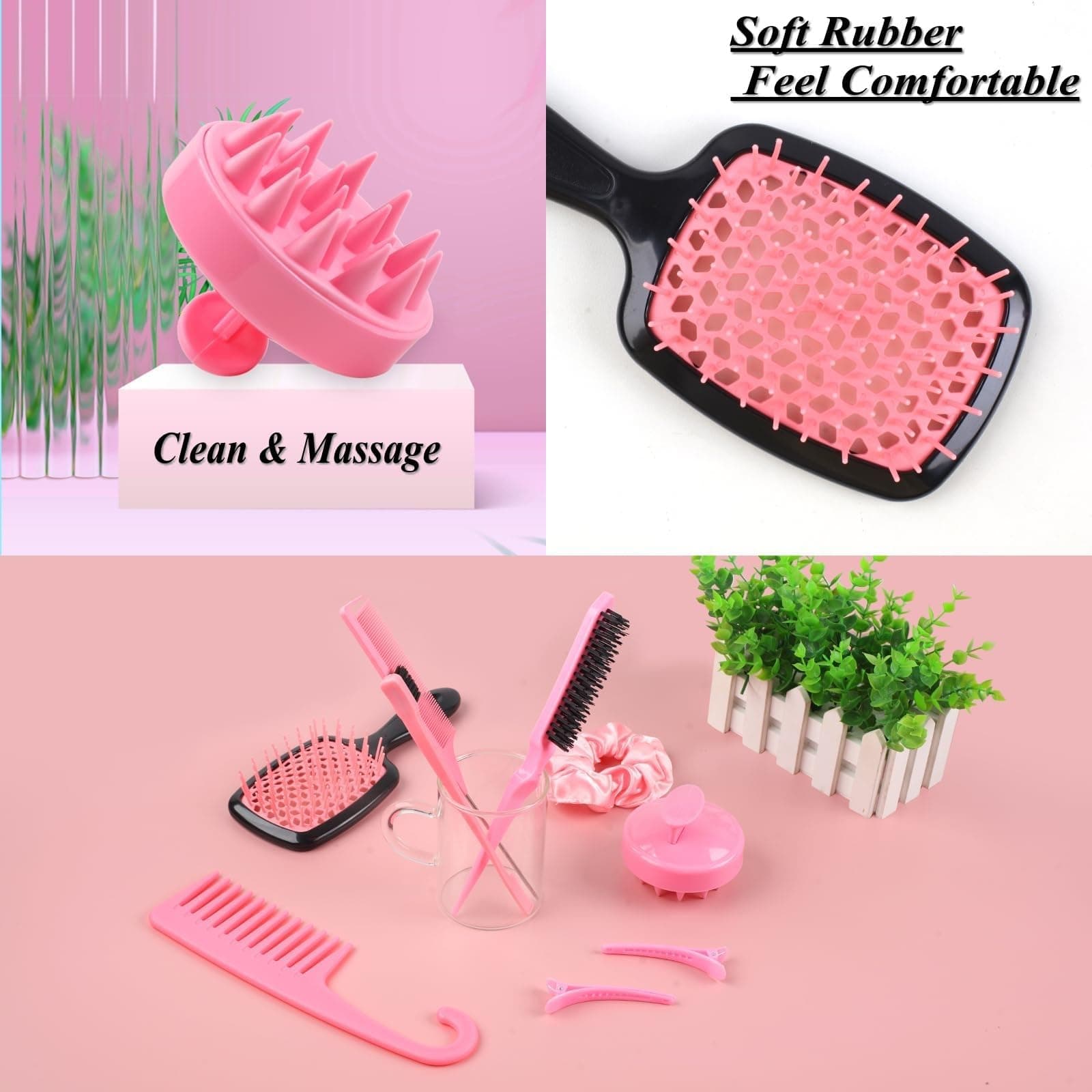 12 Pcs Hair Brush Set, 3 Pieces Slick Back Hair Brushes for Toddlers, Women, Detangling Brush for All Typs of Hair, Edge Bristles Wide Tooth Rat Tail Combs for Baby Girls Boys(pink) - Pink thumbnail 2