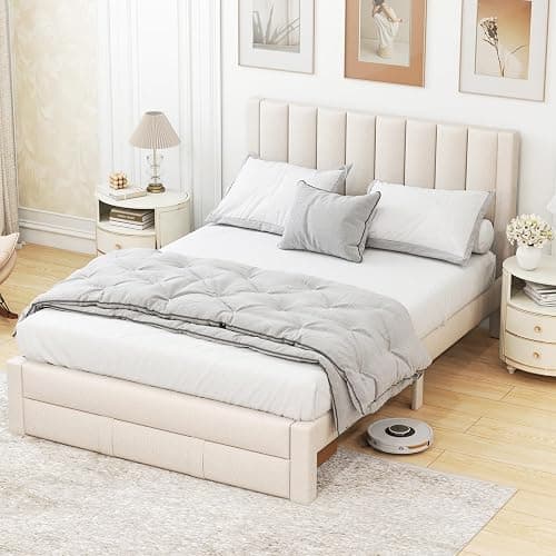 Giantex Queen Size Bed Frame with Storage Drawer, Upholstered Velvet Platform Bed with Vertical Channel Headboard, Wooden Slats Support Mattress Foundation, No Box Spring Needed, Beige thumbnail 4