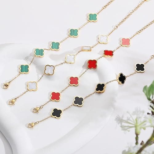 AIPPK 18K Gold Plated Clover Lucky Bracelet for Women White/Black/Red/Green Flower Four Leaf Link Bracelets Trendy Jewelry Gifts for Women thumbnail 8