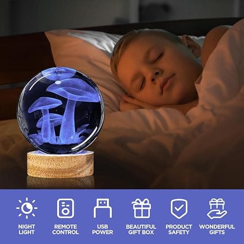 YYLZEPHB 3D Crystal Ball Night Light with Wooden Base, Mushroom Glass Ball Lamp with 16 Colors and Remote Control - Cool Desk Decor Gift for Kids and Friends thumbnail 5
