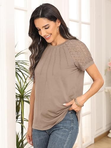 AUTOMET Women's Lace Short Sleeve Business Casual Top, Blouse with Unique Front Seam Detail Shirts thumbnail 4