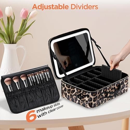 IPOW Travel Makeup Bag with LED Mirror, 3 Adjustable Light Settings, Customizable Dividers, Portable Travel Organizer, USB Charging, Leopard print, Large thumbnail 5