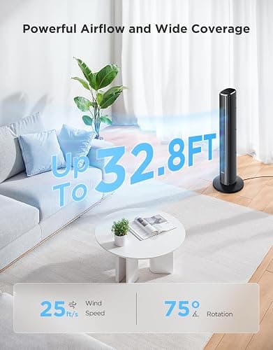 GoveeLife 36 in. Black Tower Fan for Bedroom, 5 Modes 8 Speeds up to 25ft/s | Smart Floor Fan with App/Voice Control, Temp Sensor, 29dB Bladeless Oscillating Fan for Office, 24H Timer, Auto Cooling thumbnail 3
