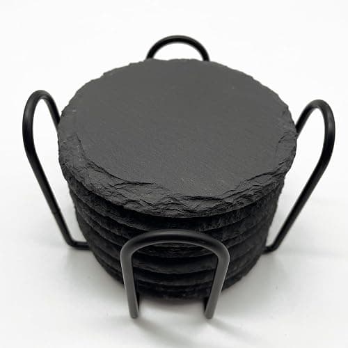 8 Pack 4 inch Round Slate Coasters with Metal Holder,Handmade Natural Rough Edge,with Integral Anti-Skid pad,Laser Engraving Blanks,Stone Coasters - Image 1