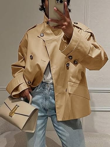 Tankaneo Womens Short Trench Coat Oversized Double Breasted Stand Collar Cropped Jacket Fall Casual Work Outerwear thumbnail 3
